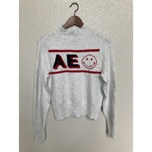 NWT American Eagle womens smiley pullover knit sweater grey small mockneck cozy